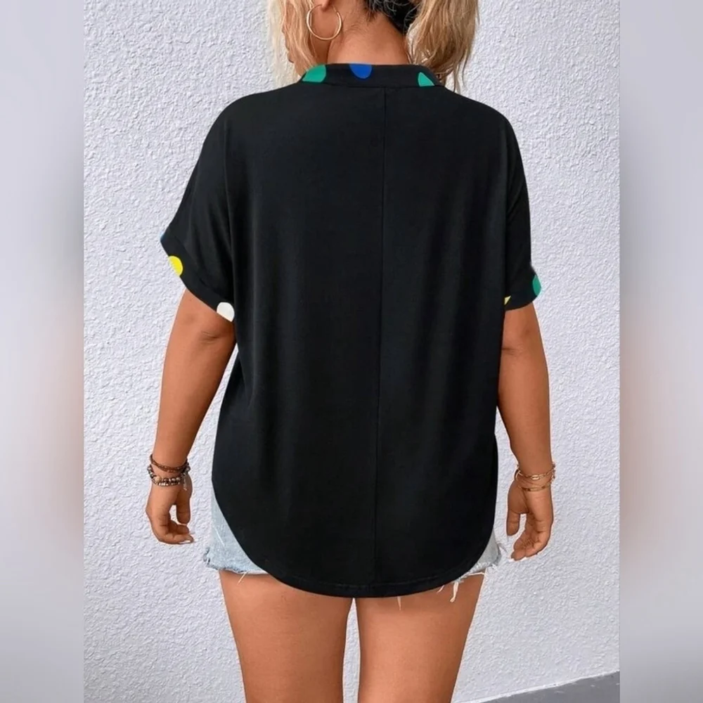 Plus Polka Dot Notch Rec Batwing Sleeve T-Shirt Black - Picture 3 of 7